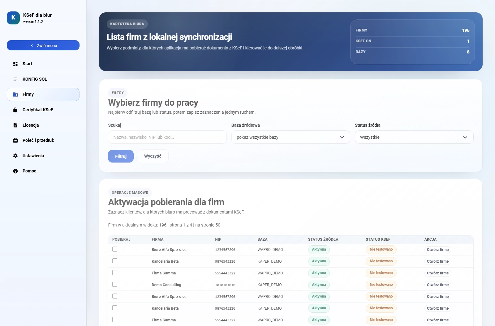 Lista firm po synchronizacji z bazą biura